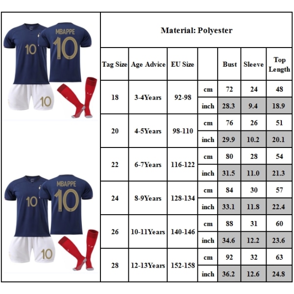 2022 Frankrike VM Nr 10 Mbappe Fotbollströja Set Kort Med Strumpor Barn 10-11Years