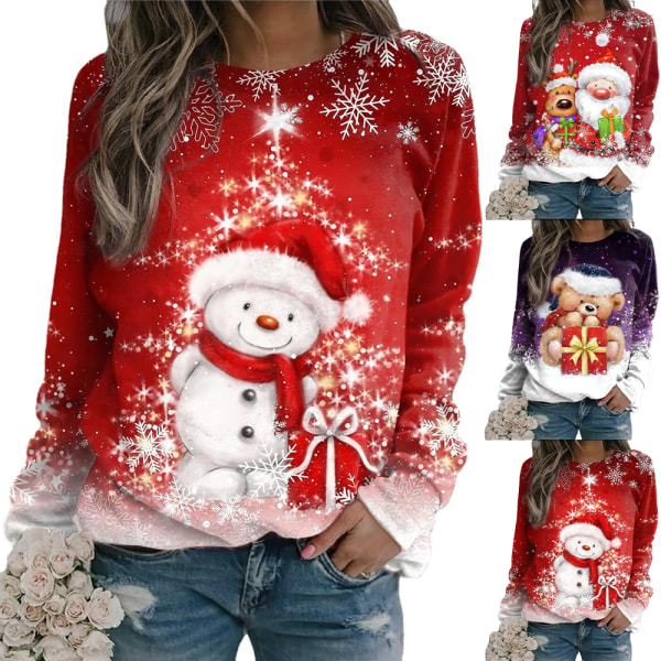 Jul Långärmad Casual Holiday Shirt Toppar Vinter Xmas Gift A XL
