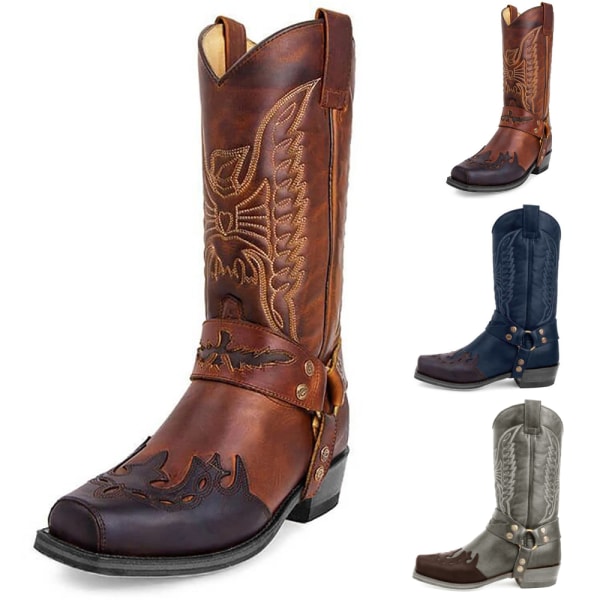 Kvinnor Cowgirl Cowboy Boots med fyrkantig tå Broderade sidostövlar med dragkedja black 38