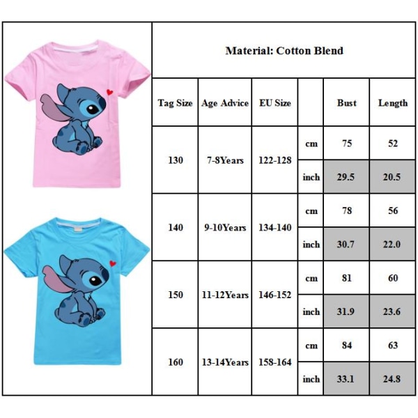 Lilo & Stitch Boys Girls T-shirt Grafiskt print T-shirt Kortärmad Casual Child Top Pink 140cm
