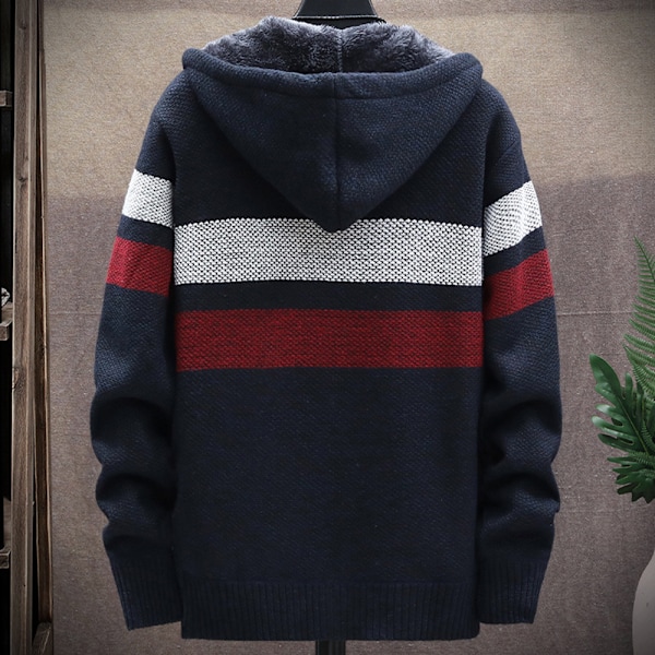 Randig herrjacka med huva, stickad kofta med dragkedja fram Grey blue 2XL