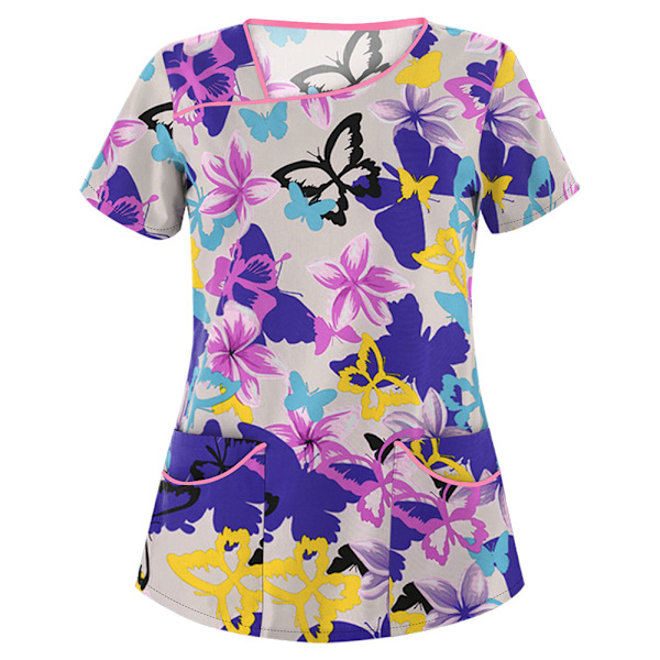 Dam Cartoon-tryckt Medicinsk Uniform Sjukvård Skrubb T-shirts Toppar Blus Tee #4 M
