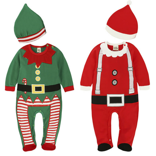 Pojke Flickor Santa Elf Romper Jul Jumpsuit Hatt Finklänning green 70CM