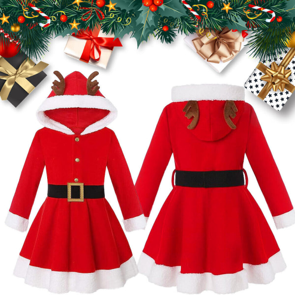 Christmas Girls Hooded Swing Dress Elk Santa Cosplay Kostym 120CM