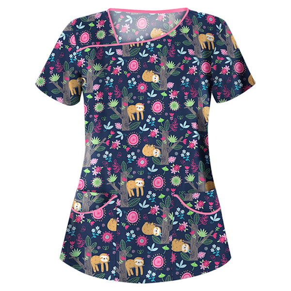 Dam Cartoon-tryckt Medicinsk Uniform Sjukvård Skrubb T-shirts Toppar Blus Tee #12 M