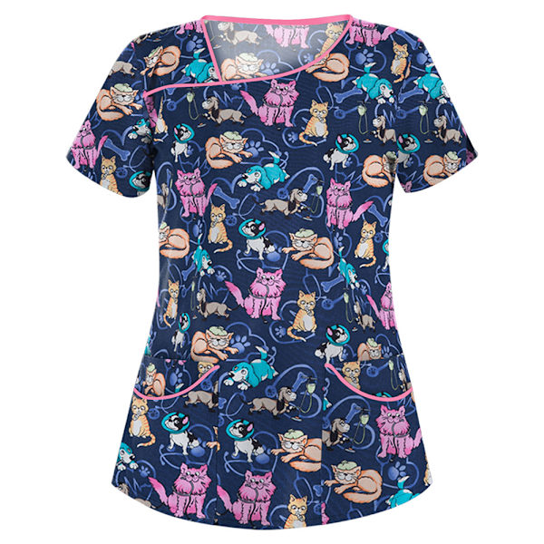 Dam Cartoon-tryckt Medicinsk Uniform Sjukvård Skrubb T-shirts Toppar Blus Tee #2 S