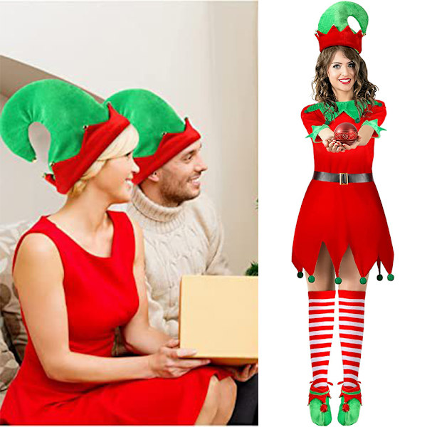 Jultomte Kostym för Flickor, Santa Helper Kostym, Jul Festkläder med Tomteluva, Skor, Bälte, Randiga Strumpor för 3-10 År 160cm