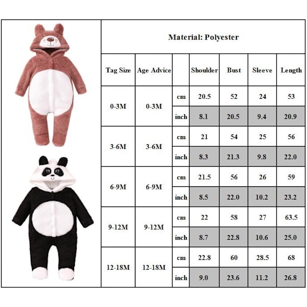 Djur Plysch Pojke Flicka Bodysuit Nyfödd Jumpsuit med Huva Julklapp black 6-9M
