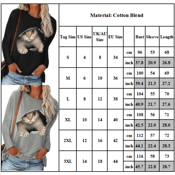 Kvinnor Rundhalsad tröja Cat Casual långärmad topp T-shirt grey 2XL