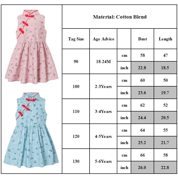 Flickklänning Blomstertryck Qipao Ärmlös Cheongsam Klänningar Prinsessa Födelsedagsfest Kostym 1-6 År Blue 110cm