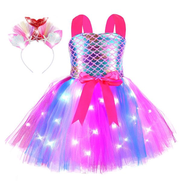 Girls Mermaid Tutu Dress for Party LED Light Up med pannband Rose red XL