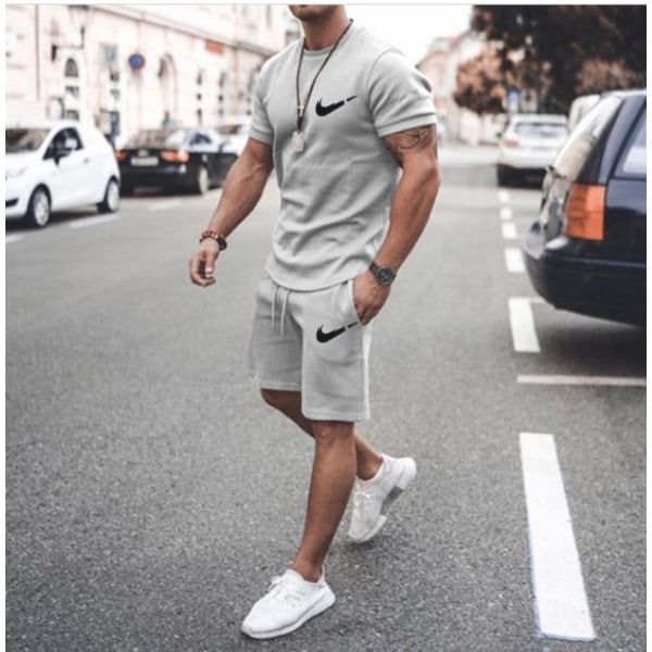 Herr Nikes Gym Fitness Träningsoverall Set Bokstavstryck Sportkläder Sommar Kortärmad T-shirt Topp + Shorts Light Grey 4XL