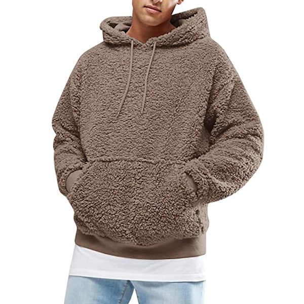 Herr Fluffig Huvtröja Teddy Fleece Hoodie Plysch Lätt Pullover Viscos Tröja Sweatshirt med Två Ficka Brown XL