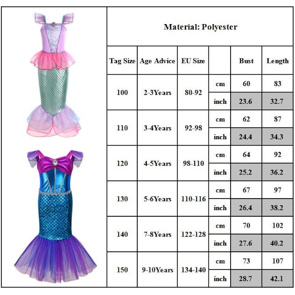 Flickor Sjöjungfru Ariel Prinsessa Klänning Halloween Kostym Kjolar Karneval Party Maskeradklänning #5 130cm