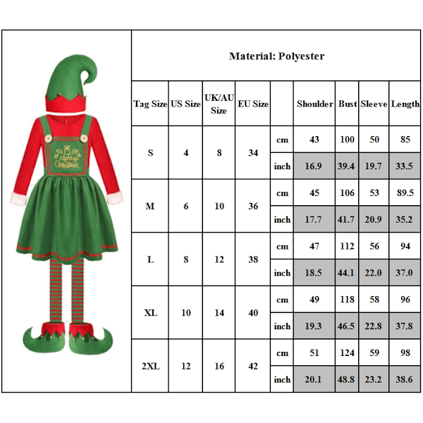 Jultomten Kostym för Vuxna 2024, Pojke Flicka Grön Elf Cosplay Klänning Hatt Strumpor Set Kvinna Nyår Jul Festkläder Girls 2XL