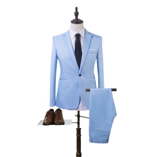 Man Business Slim Blazer Kostym Coat Långbyxor Formell Set Light Blue 2XL