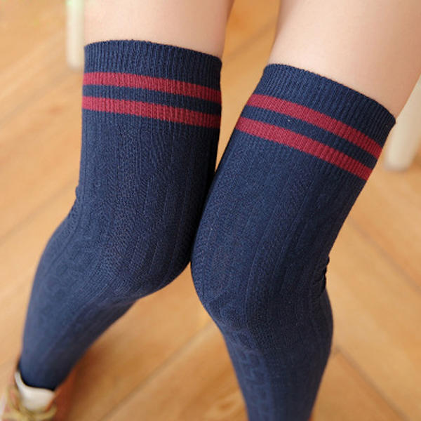 Kvinder Stribede Over Knæet Lårhøje Strømper Lange Strømper # 1-Navy blue