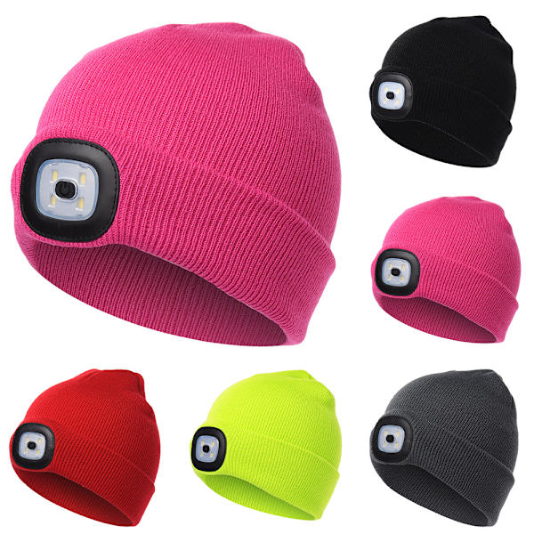 Talvi Lasten LED Taskulamppu Pipo Valo Turvallisuus Neulottu Pipo Taskulampulla rose red
