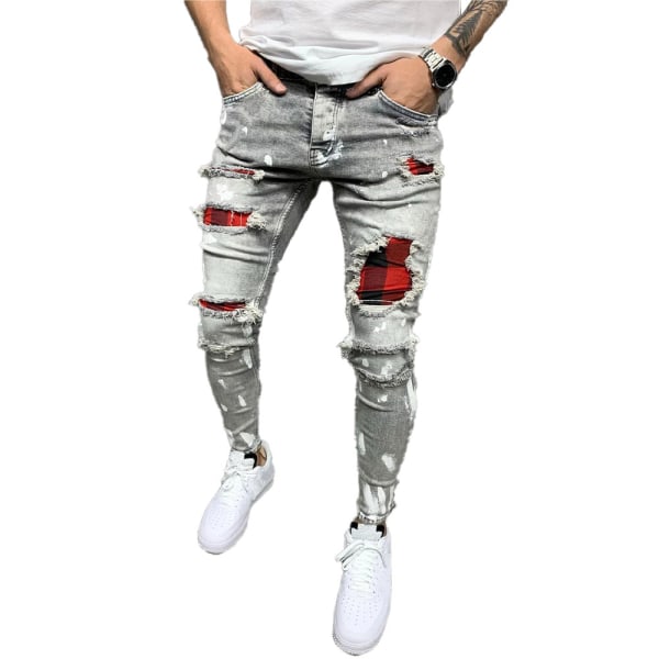 Män Stretch Ripped Printed Jeans Byxor Underdelar Slim Fit Byxa XL