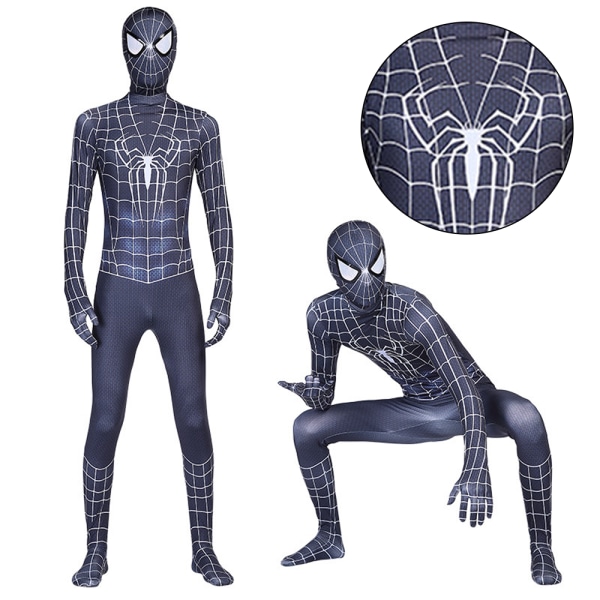 Barn svart Spiderman kostym Halloween Jumpsuit Cosplay Mask Set 130cm