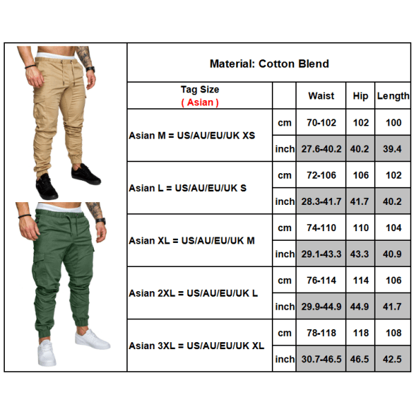 Män Elastisk midja Cargo Combat Byxor Jogger Cuffed byxor khaki L