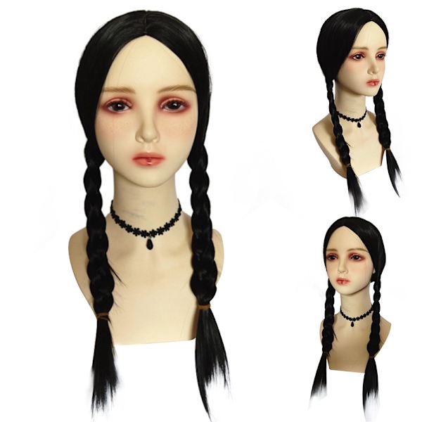Naisten musta lettiperuukki Addams Family Wednesday Halloween -peruukki