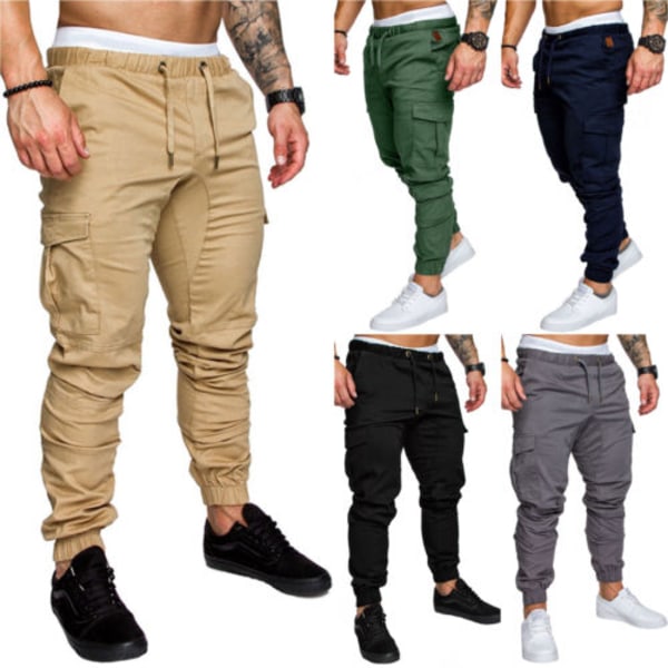 Män Elastisk midja Cargo Combat Byxor Jogger Cuffed byxor grey 3XL