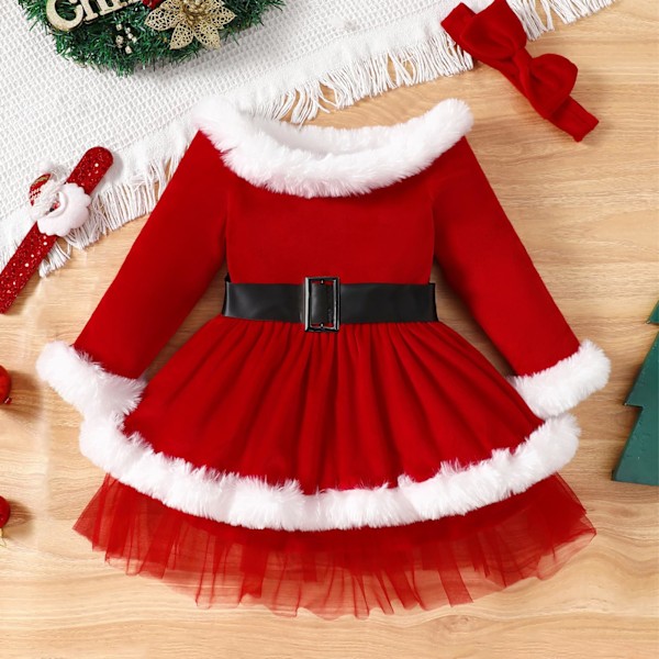 Julklänning för små flickor, Santa-klänning, långärmad, sammet, med bälte, festlig prinsessklänning, söt babyklänning med volanger Red 2-3Y
