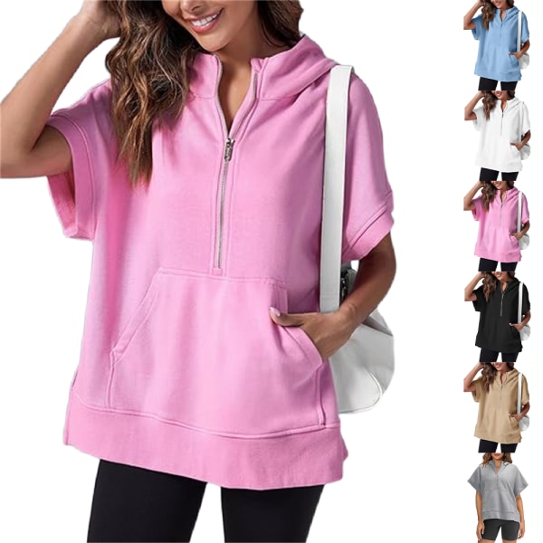 Kvinnors halv dragkedja huvtröja kortärmad pullover topp sommar oversized sporttröja med fickor 2024 Pink L