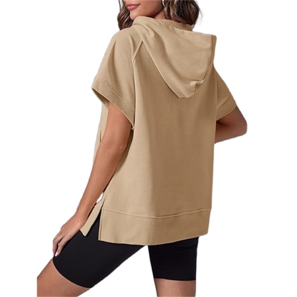 Kvinnors halv dragkedja huvtröja kortärmad pullover topp sommar oversized sporttröja med fickor 2024 Khaki M