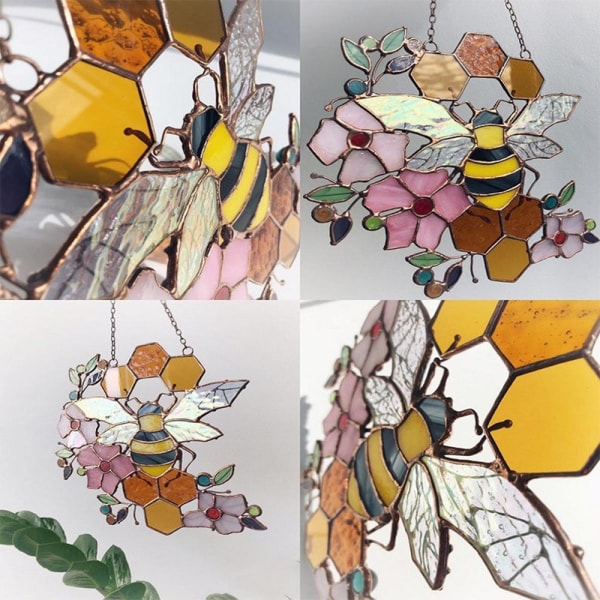 Högt målat glas Suncatcher Bee Fönsterhängande dekorationer 2