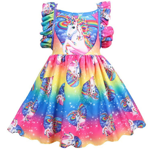 Färgglada Unicorn Printing Princess Klänning Sleeve Sweet lightblue 3-4Years