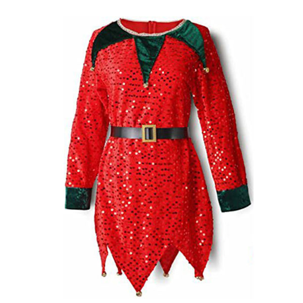 Jultomte Kostym för Flickor, Santahjälpare Kostym, Jul Festlig Outfit med Tomteluva, Bälte, Randiga Strumpor för 3-8 År, Röd Red 140cm
