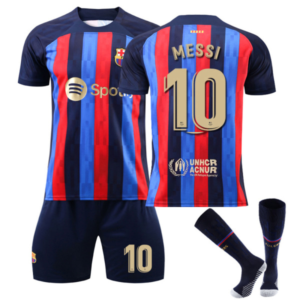 Barcelona hemma nr 10 Messi nr 9 Lewandowski Fotboll Sportkläder Skjorta Shorts Strumpor Outfits #10 22