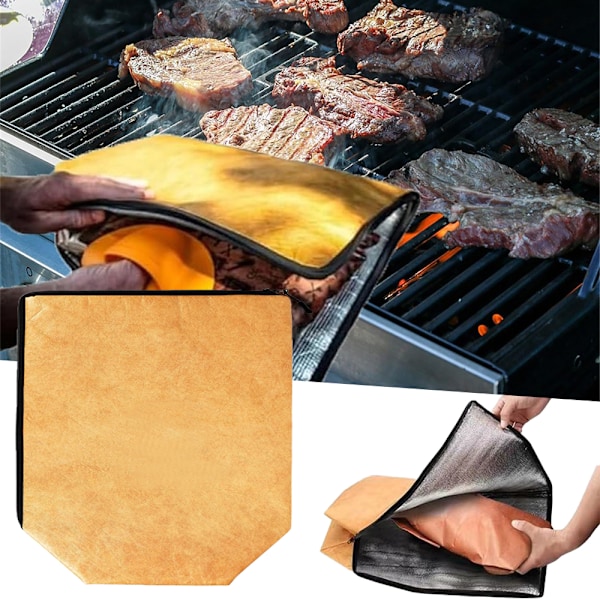 Grillauspeitto, käytetään lihan lepuuttamiseen, uudelleenkäytettävä lihan eristetty lepopussi vetoketjulla, sopii ulkogrillaukseen