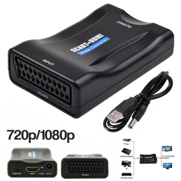 SCART till HDMI-adapter HD-videooch ljudkonverterare USB-kabel