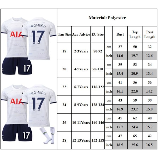 2023-2024 Ny Tottenham Hotspur Tröja Barn Fotbollströja Kit #9 ROMERO Fotbollsdräkter Pojkar Träningsdräkt 18