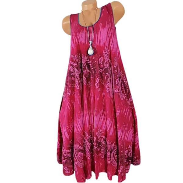 Damtryckt ärmlös klänning Sommarklänning Strand Lång Semesterklänning Wine red XL