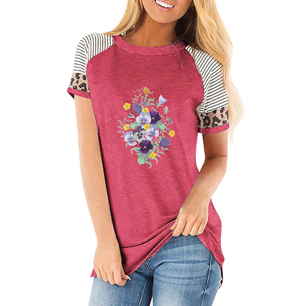 Dam Sommar Blommig T-shirt Toppar Leopard Casual Blus Tee Red M