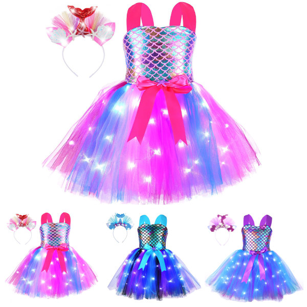 Girls Mermaid Tutu Dress for Party LED Light Up med pannband Rose red 2XL