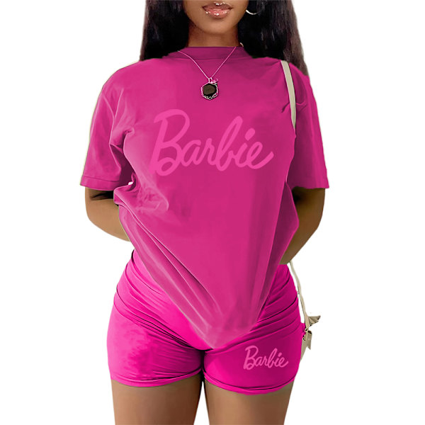 Naisten verryttelypuku, 2-osainen Barbie-urheilupuku, lyhythihainen toppi, T-paita ja shortsit, rento kesäurheiluvaatetussetti Rose Red XL