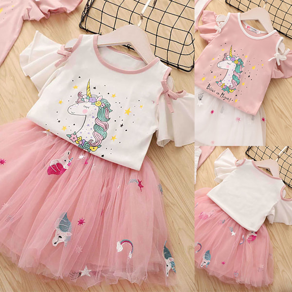 Piger Enhjørning Print Flæseærme Mesh Tutu Kjole Pink 100