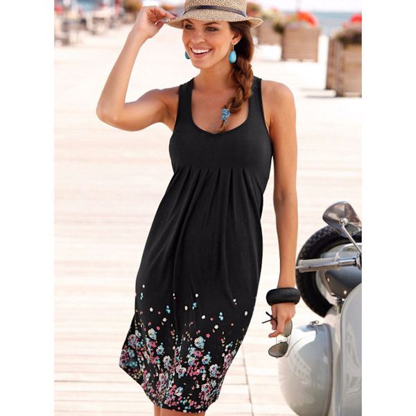 Dam midi Klänning Blommigt Tryck Ärmlös Strand Vardagsklänningar Black 2XL