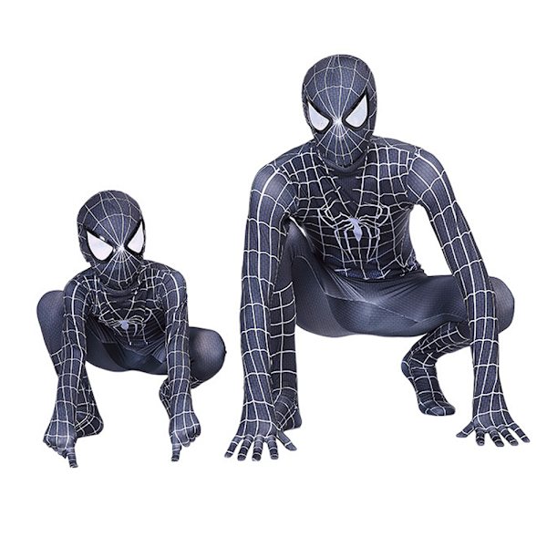 Barn svart Spiderman kostym Halloween Jumpsuit Cosplay Mask Set 140cm