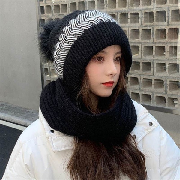 Beanie Hat Halsvärmare Set För Dam Stickad Mössa Cap black