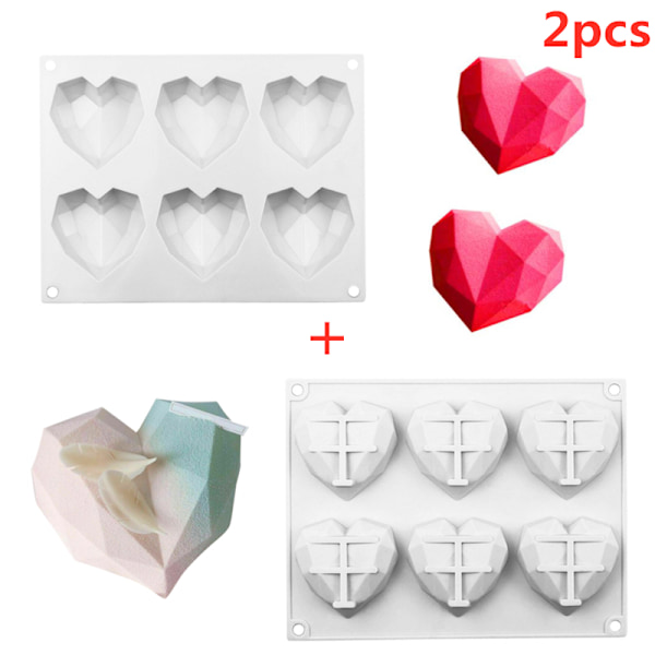 2-pack Hjärtformad 3D Silikonform Choklad Bakning Godisform White 2 PCS