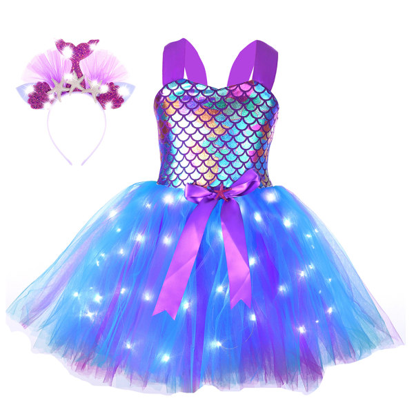 Girls Mermaid Tutu Dress for Party LED Light Up med pannband Purple XL