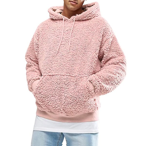 Herr Fluffig Huvtröja Teddy Fleece Hoodie Plysch Lätt Pullover Viscos Tröja Sweatshirt med Två Fickor Pink 3XL