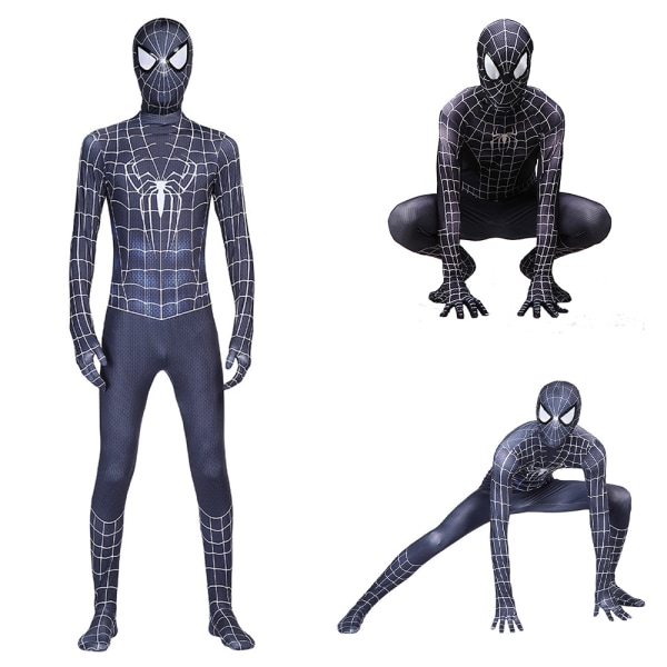 Barn svart Spiderman kostym Halloween Jumpsuit Cosplay Mask Set 100cm
