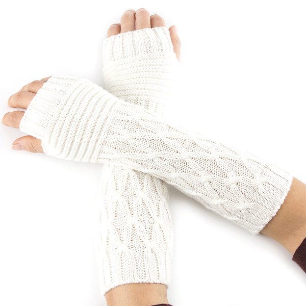 Vinter Lange strikkede handsker Tykke varme fingerløse vanter Arm White